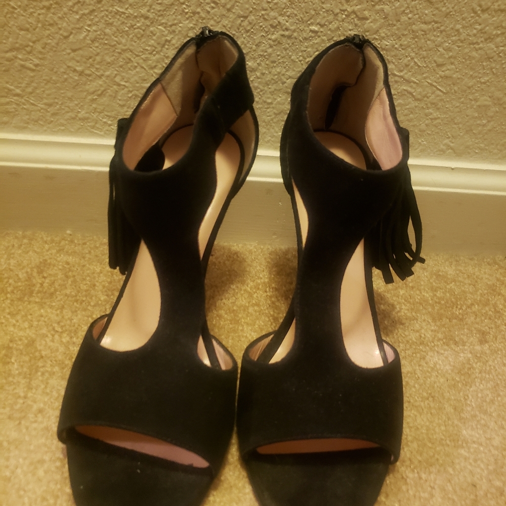 Black suade tassel heels